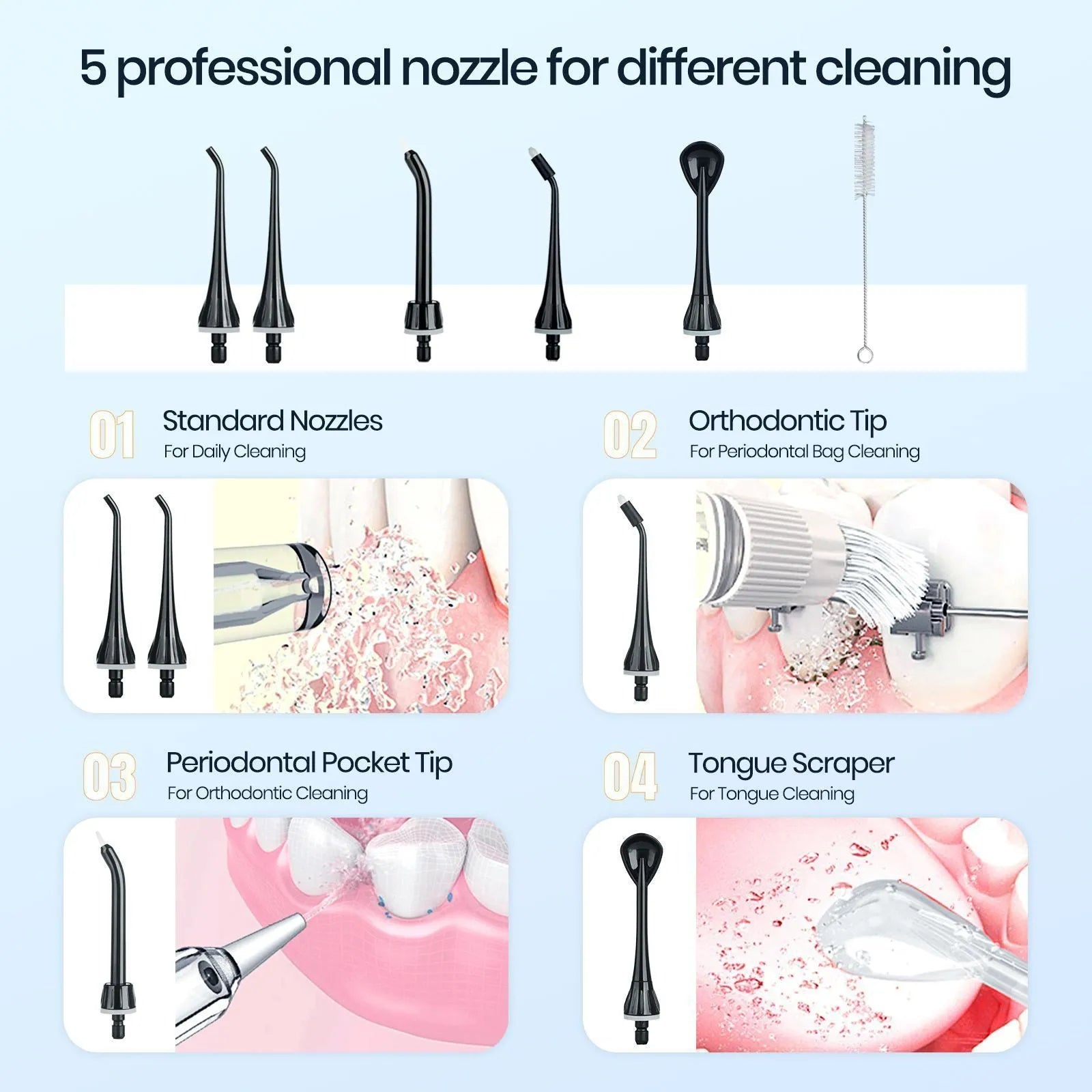 Black portable oral irrigator water flosser with built-in battery for adult home dental care.