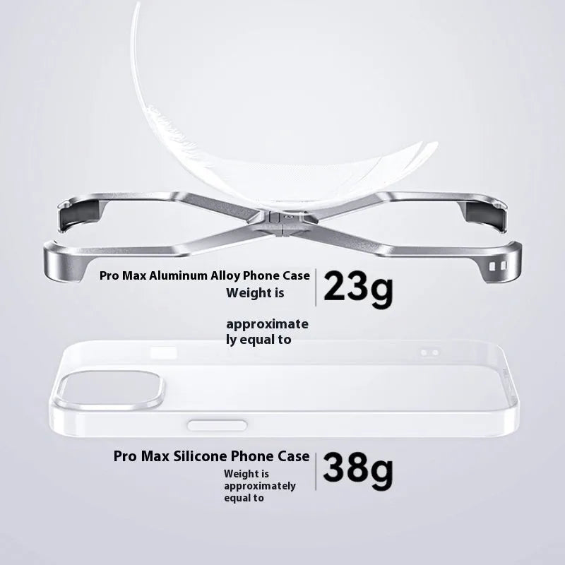 Aluminium alloy hollow-out frameless iPhone case in silver, gray, deep space gray, and titanium gold, model M06
