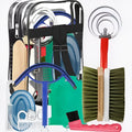 Ten-piece horse grooming kit showing brushes, aluminium combs, and storage bag for equestrian care