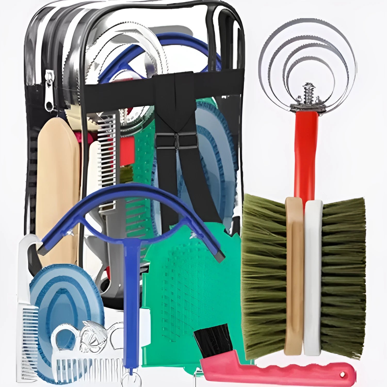 Ten-piece horse grooming kit showing brushes, aluminium combs, and storage bag for equestrian care