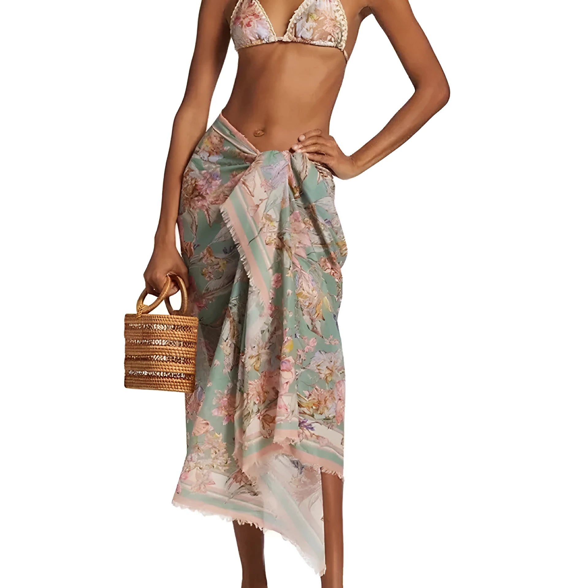 Women's creamy white floral bikini set with skirt in sizes S to XXL