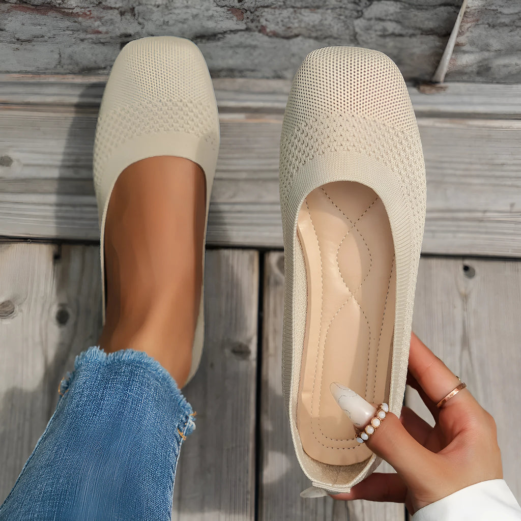 Large size women's mesh breathable flat pumps in black, beige, dark blue, or light blue, sizes 36-43