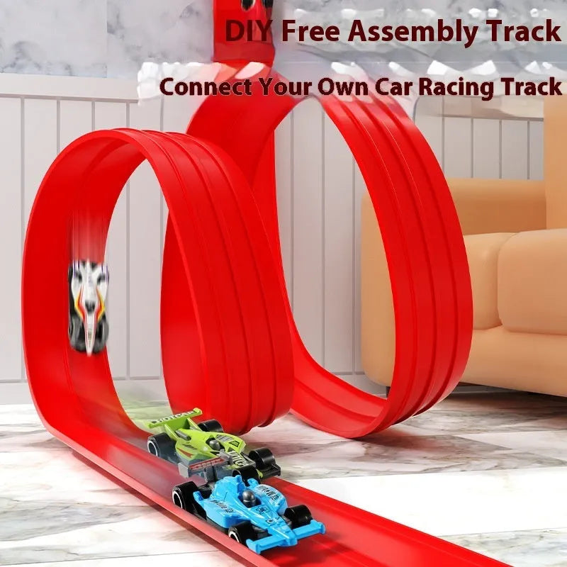 Cool DIY assembled inertia rail car set with plastic track and cars in red or blue options