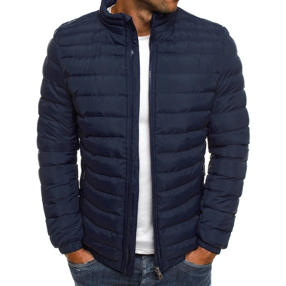 Insulated men's jacket in various color options with features like zippered pockets, long sleeves, and padded lining for warmth and versatility