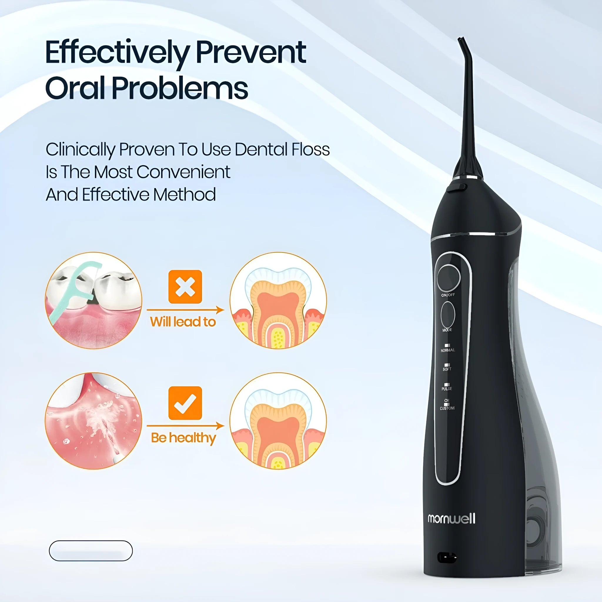 Black portable oral irrigator water flosser with built-in battery for adult home dental care.