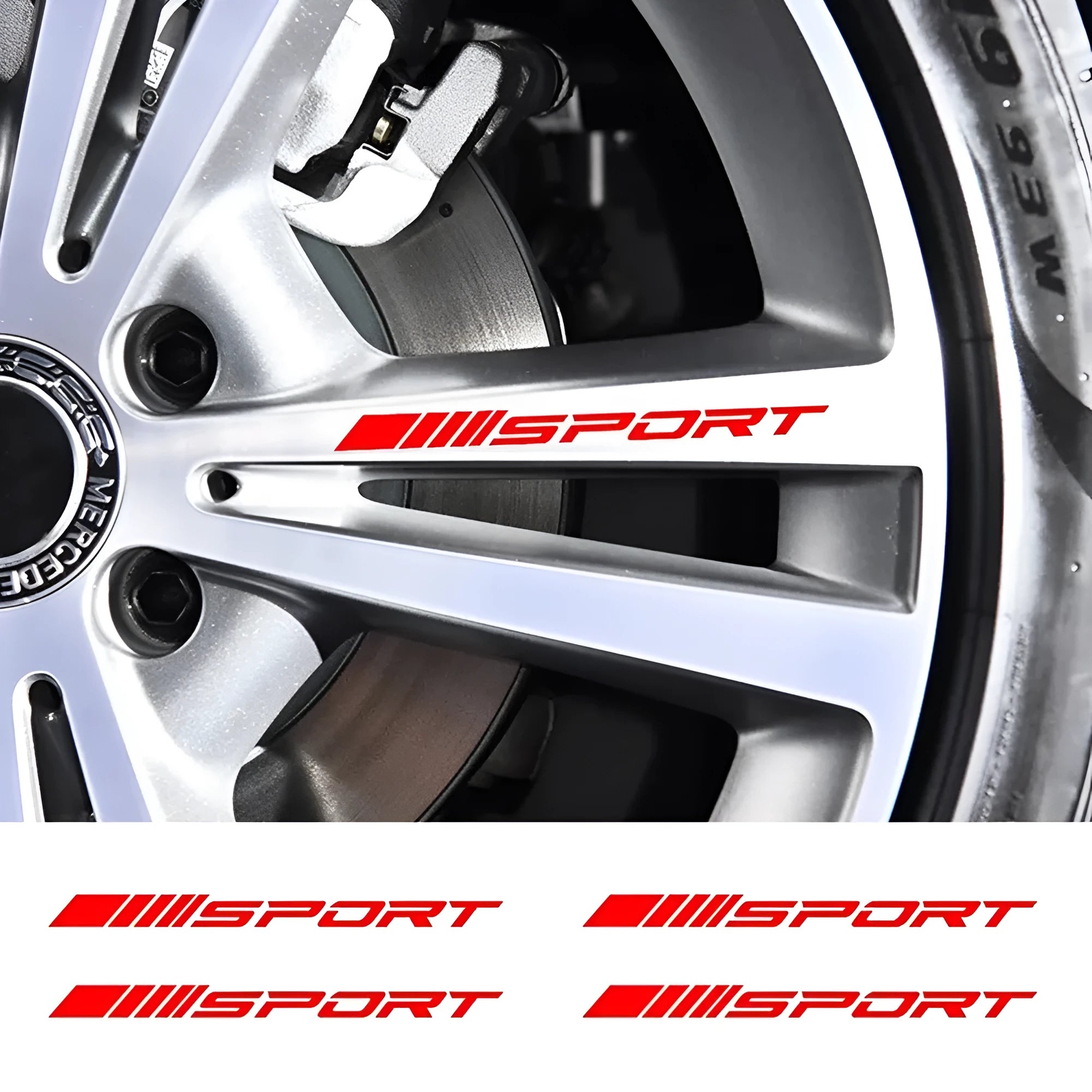 Hollow sports design car rim sticker in red, black, or white for wheels and handles.