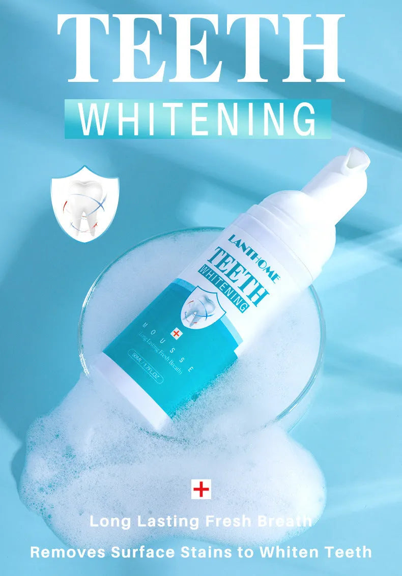Teeth whitening mousse 50ml oral cleaning foam in white bottle with blue label