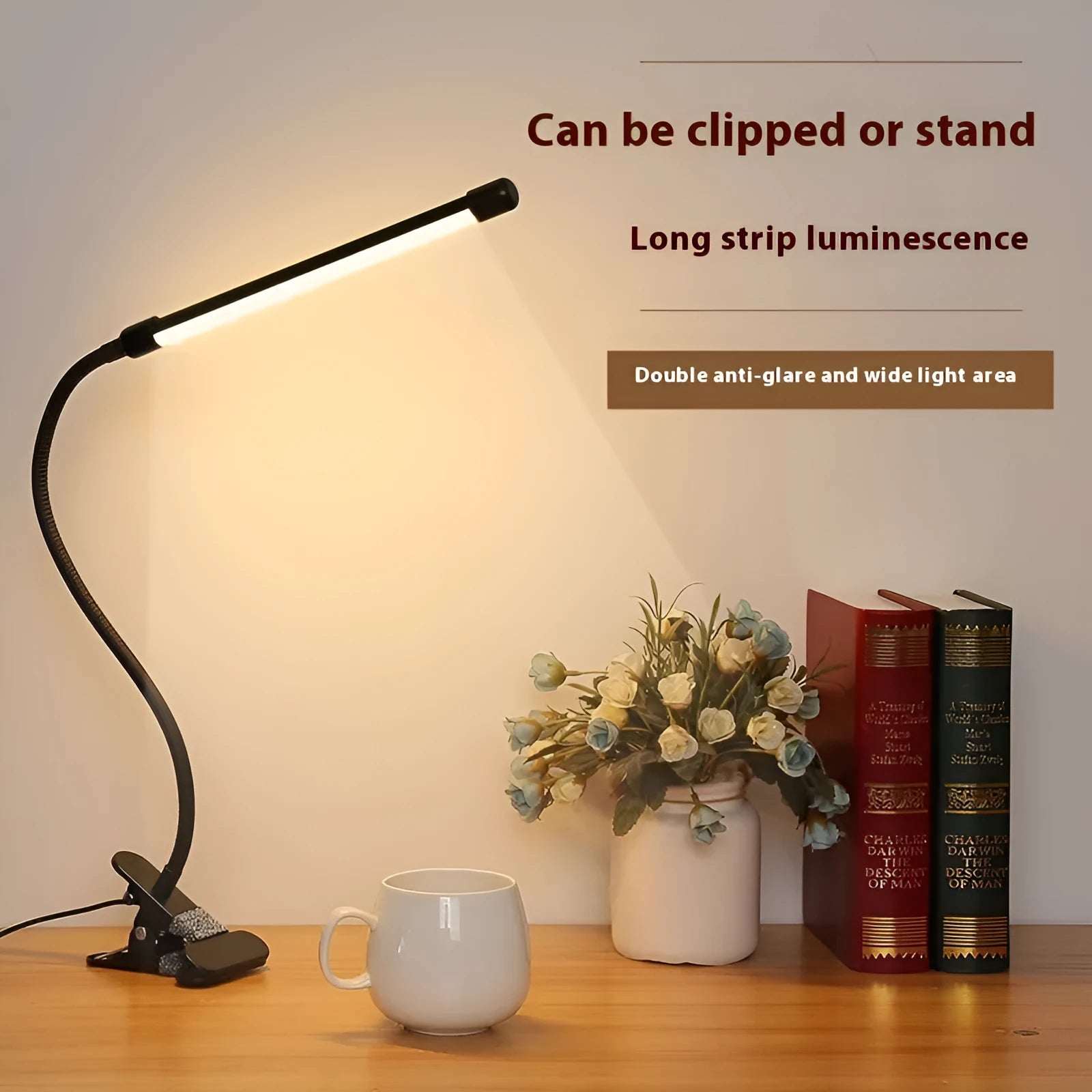 Black and white LED desk lamp with 26cm length for student dormitory study