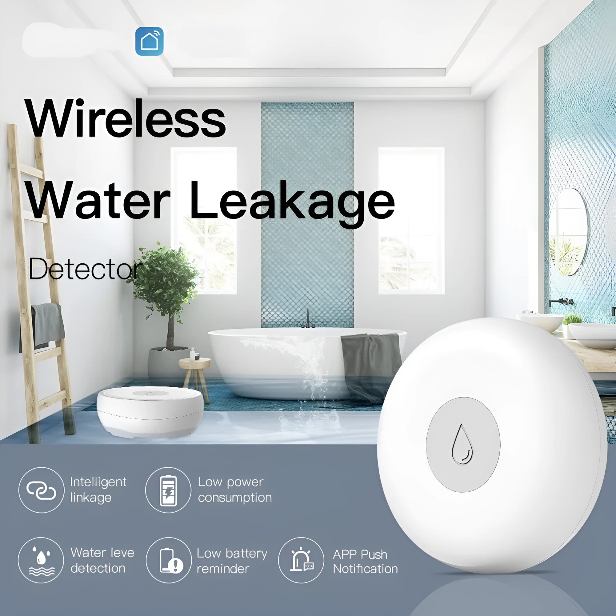 Smart wireless water leak detection alarm with ZIGBEE3.0 technology for home placement