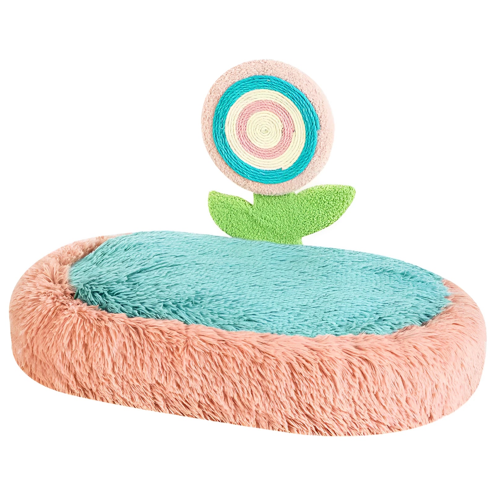 Pink elliptical plush cat bed with removable cover for small to medium cats