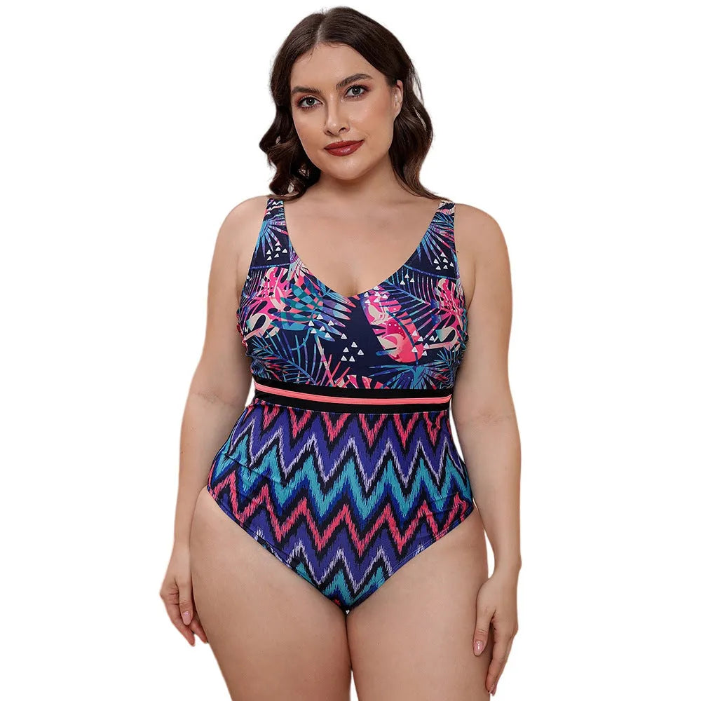 Women's blue printed spaghetti strap one-piece swimsuit with striped vest design for swimming sports