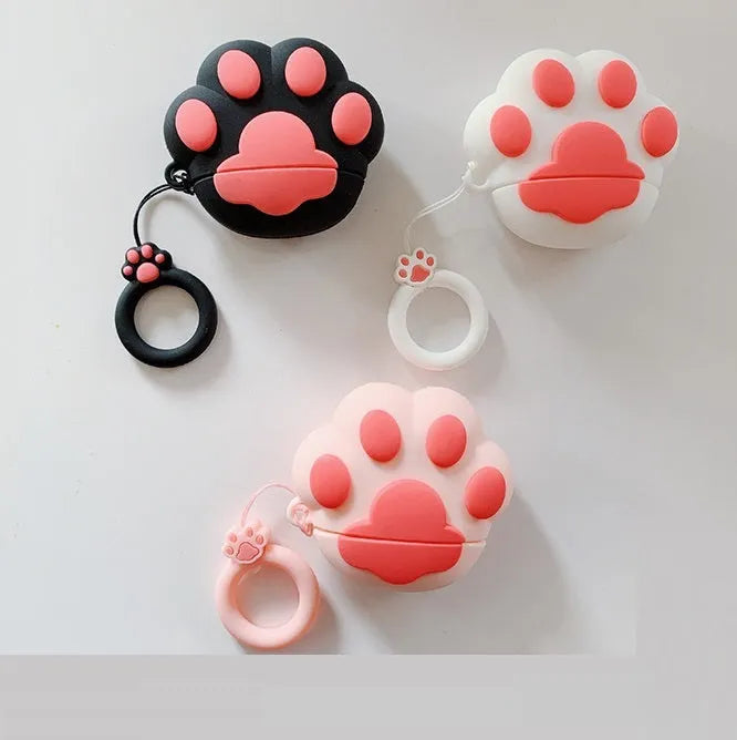 Cute cartoon cat paw shaped soft rubber case for AirPods with metal key ring in black colour
