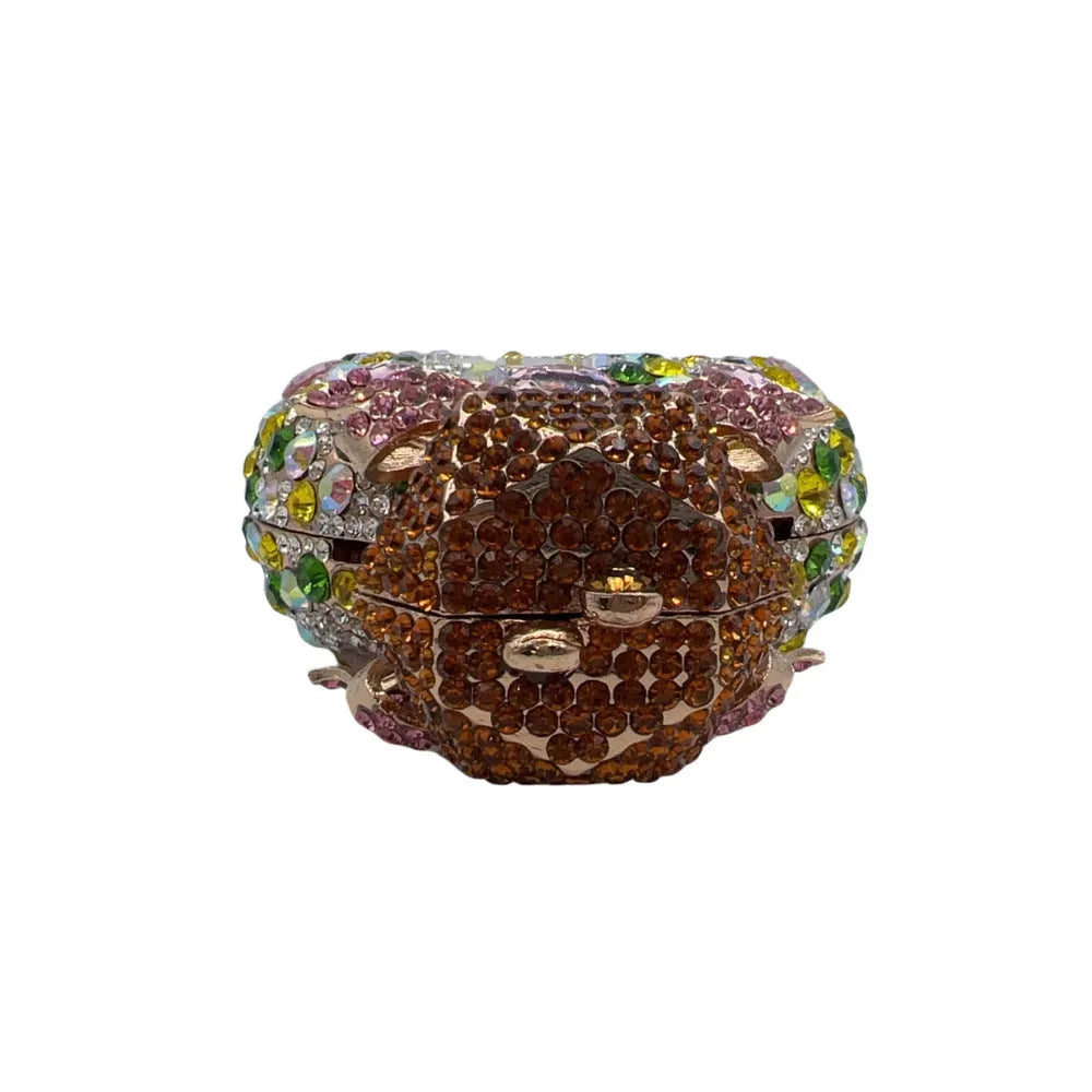 Women's hard alloy clutch bag with full diamond embellishment, shown in a golden colour.