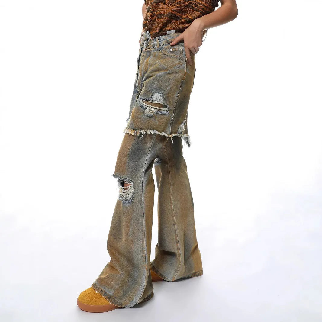 American Street loose hole bootcut trousers in denim, showing high waist and straight-leg style on a hanger.