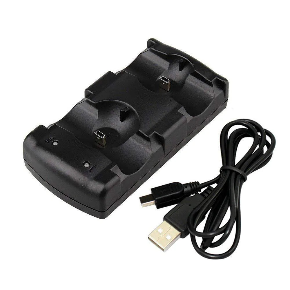 Black PS3 dual controller charging stand with two controller slots and USB connection