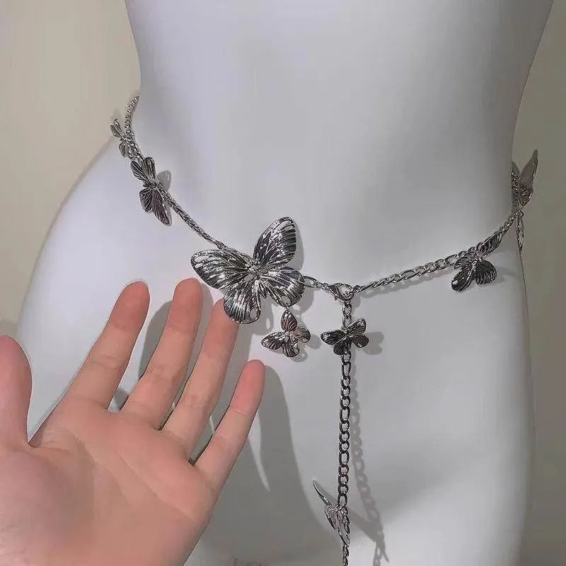 Gold and silver butterfly waist chain belt for women, showing alloy construction and length.