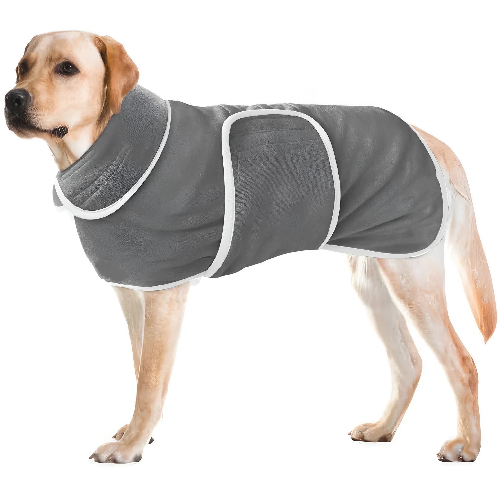 Super absorbent dog bathrobe drying towel coat outfit shown in multiple sizes for medium and large dog breeds.