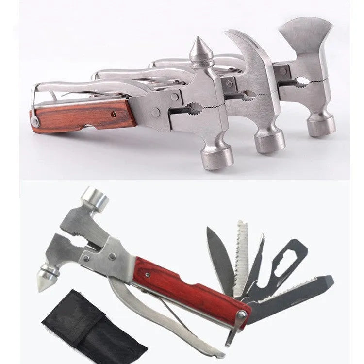 16-in-1 multifunctional solid steel car safety hammer shown folded, with portable Oxford fabric bag.