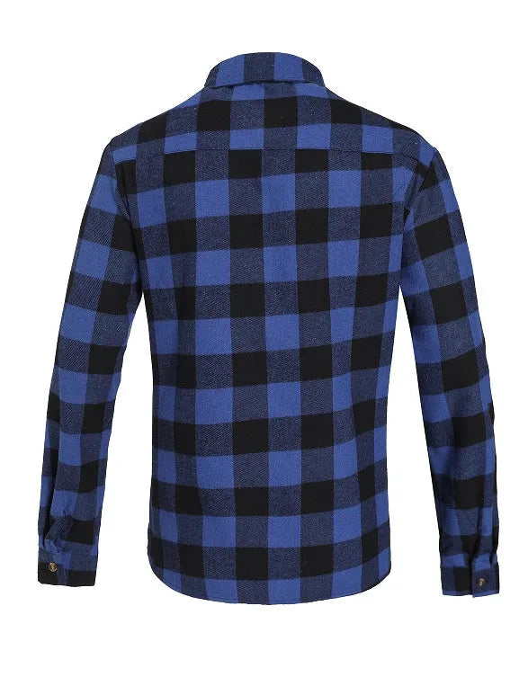 Dark blue and black long-sleeved checked shirt with double chest pockets and lapel collar for men, shown from front, autumn casual wear
