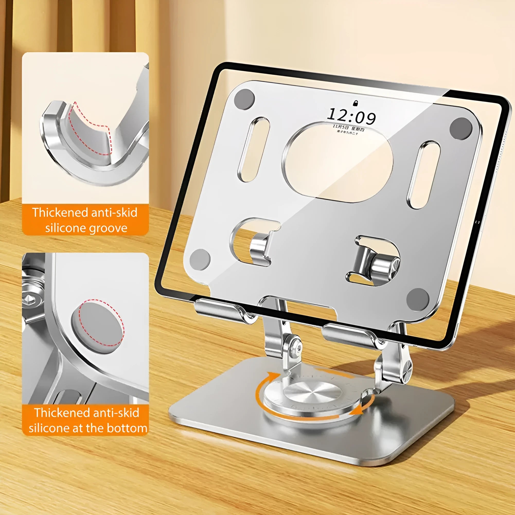 Rotating metal and silicone tablet stand in silver or black, showing adjustable height and 360-degree rotation.