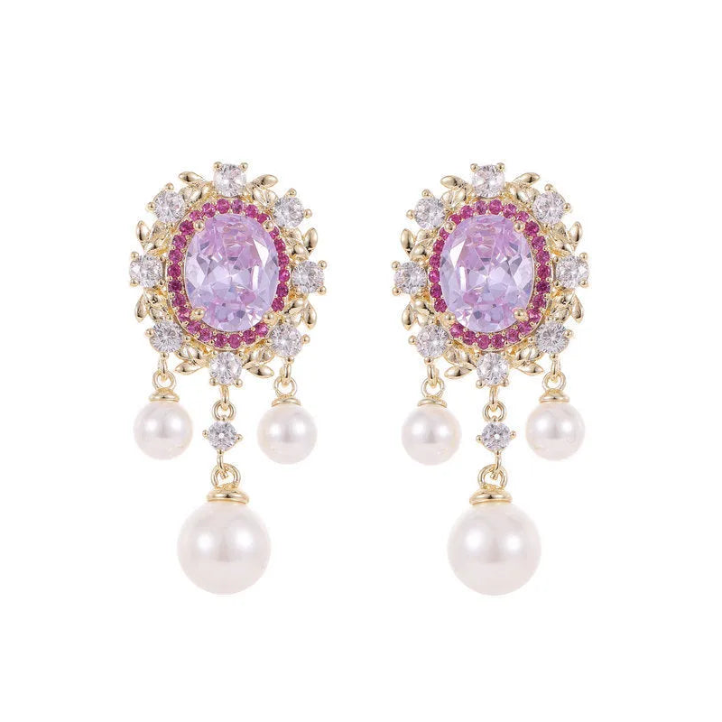Oval geometric zircon and pearl tassel earrings in light purple colour option