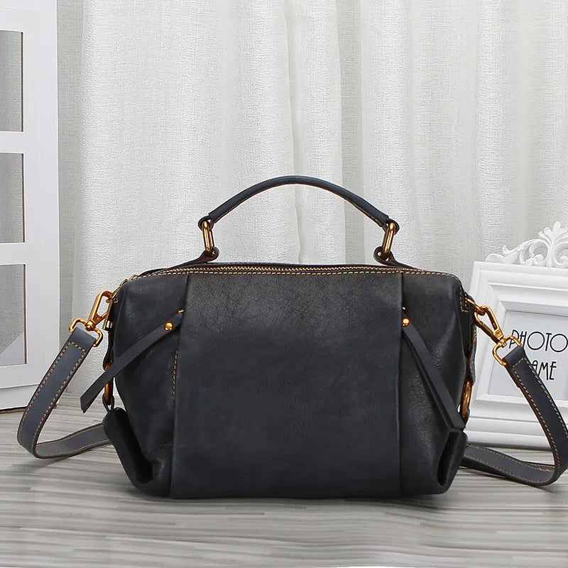 Genuine leather women's shoulder bag pillow shape top grain leather retro handbag brown colour