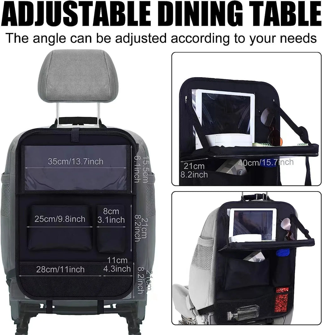 Black oxford cloth car seat buggy organiser bag hanging from vehicle seat showing 42x30cm dimensions
