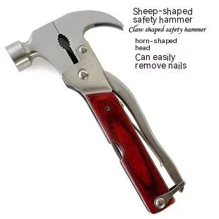 16-in-1 multifunctional solid steel car safety hammer shown folded, with portable Oxford fabric bag.