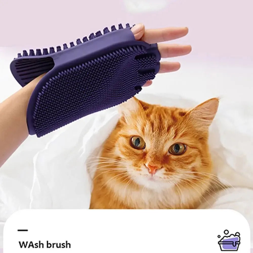 Purple pet shampoo brush with soft bristles and ergonomic handle for dog and cat grooming