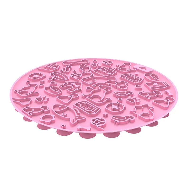 Round silicone pet licking mat with suction cup base in blue colour variant