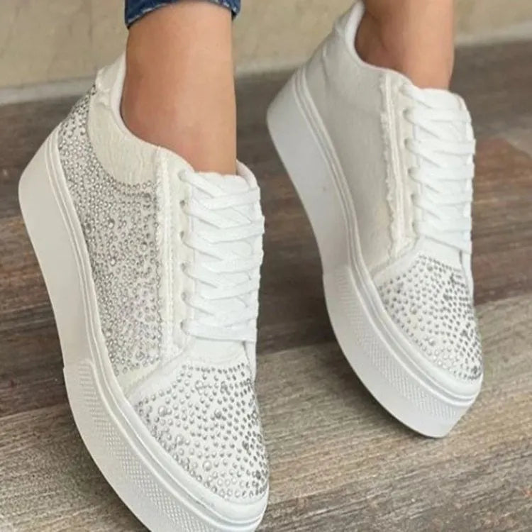 Plus size women's black lace-up casual sports shoes with rhinestones and a thick rubber sole.
