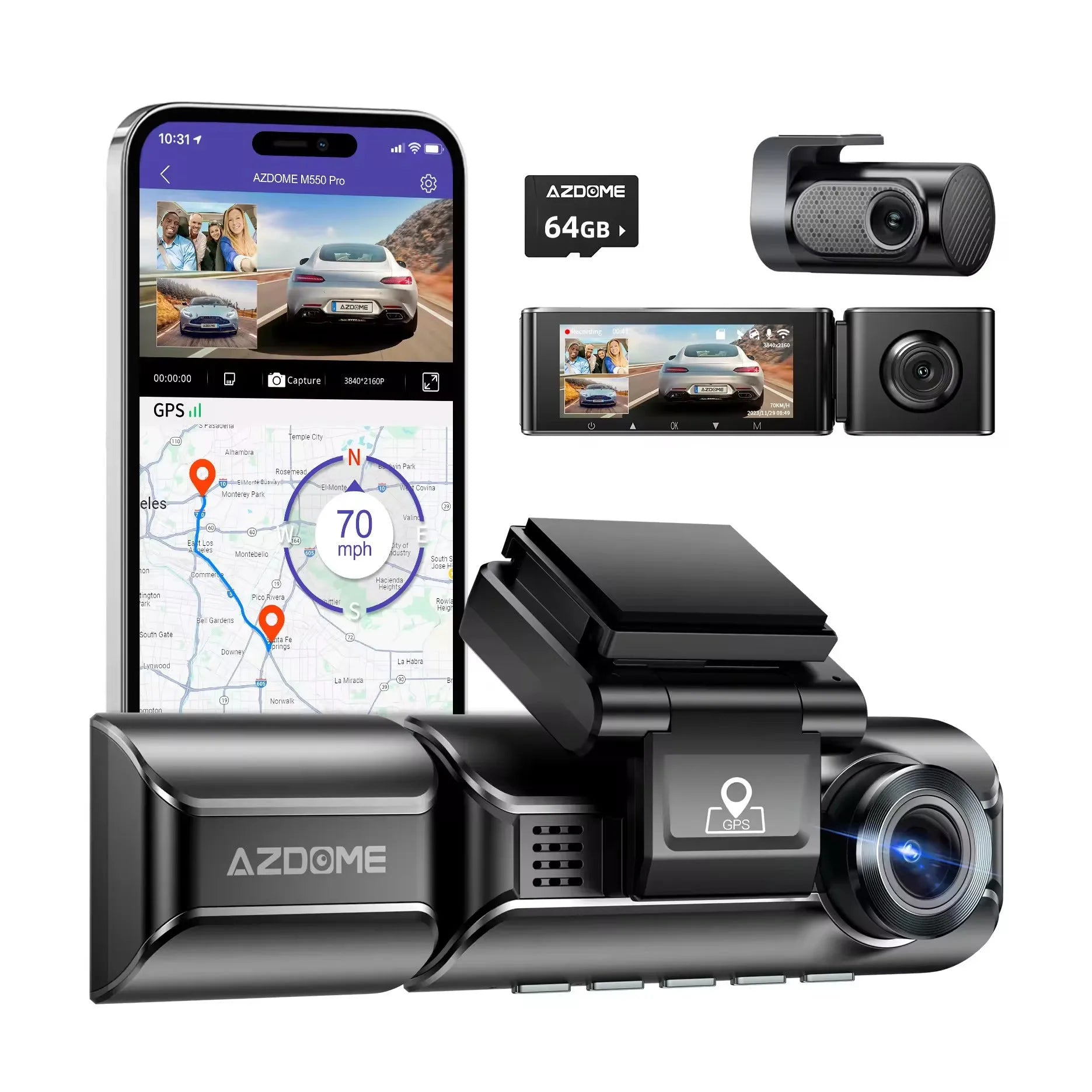 2K resolution driving recorder dash cam with front and rear cameras on 3-inch screen display