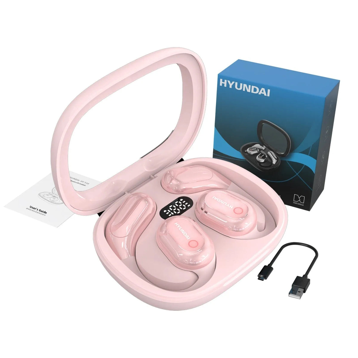 Simultaneous interpretation Bluetooth headset in black with AI translation, noise reduction, ear hook, and charging bin.