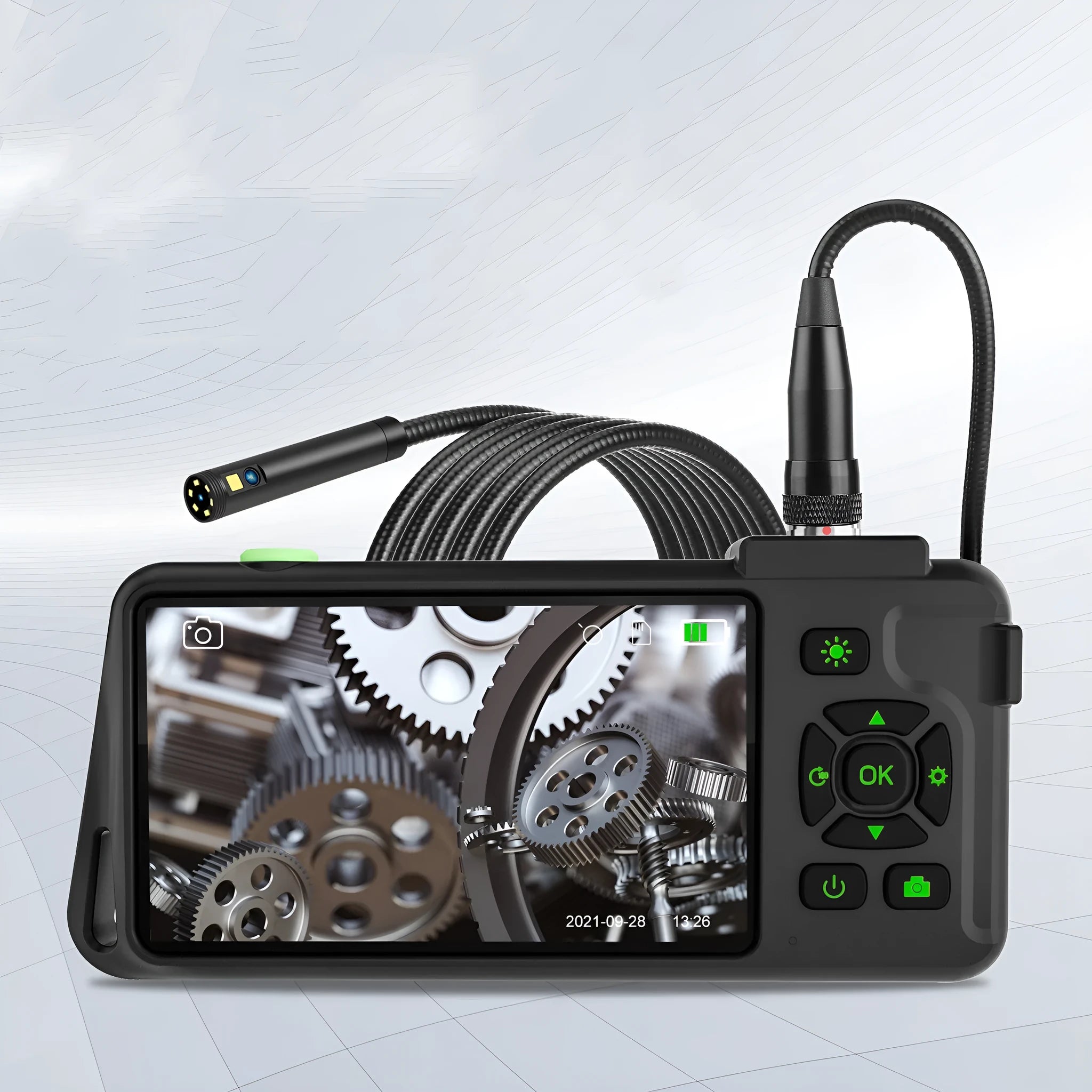 Handheld industrial endoscope with 4.5-inch colour screen and 5.5mm camera probe for automotive inspection