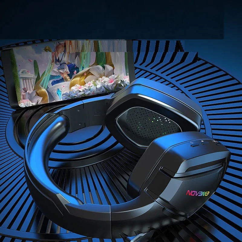 Black over-ear wireless Bluetooth headset with RGB LED lights and noise cancellation.