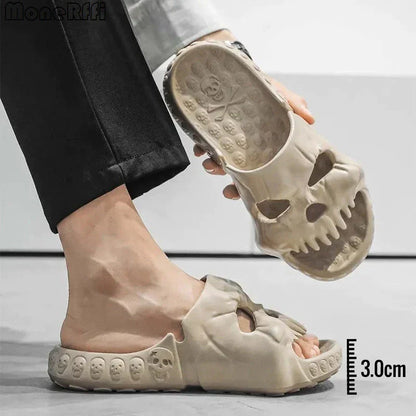 Spooky skull-patterned slide sandals in various colors, perfect for indoor and outdoor wear during the Halloween season