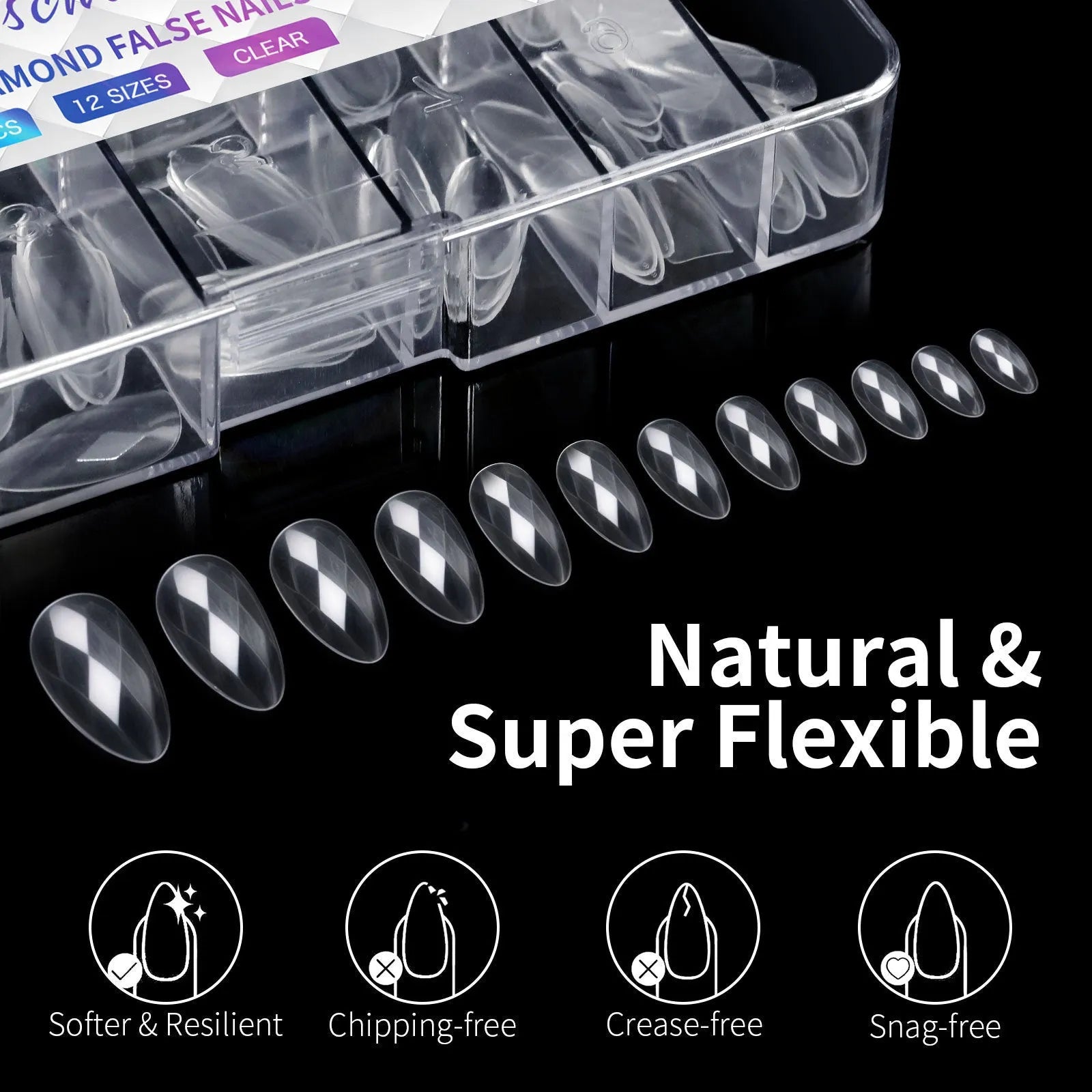 Set of 3D diamond texture long artificial nail tips in various colours from Diamond Nail collections.