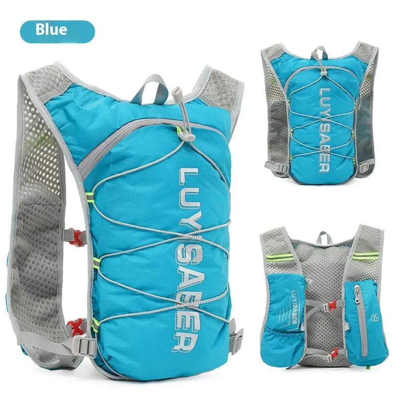 Blue nylon running backpack with reflective strips, shown on a person hiking.