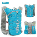 Blue nylon running backpack with reflective strips, shown on a person hiking.