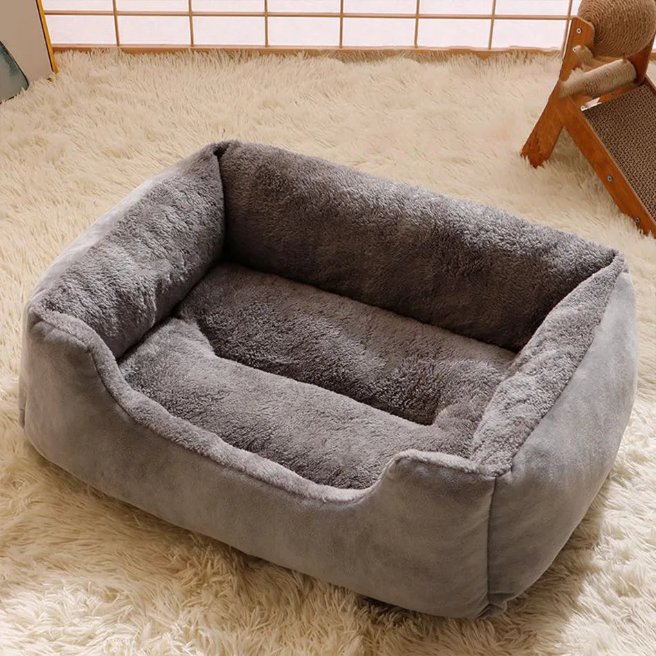 Short plush cat bed cushion shown in multiple sizes and colour options including black, coffee, grey, green and pink