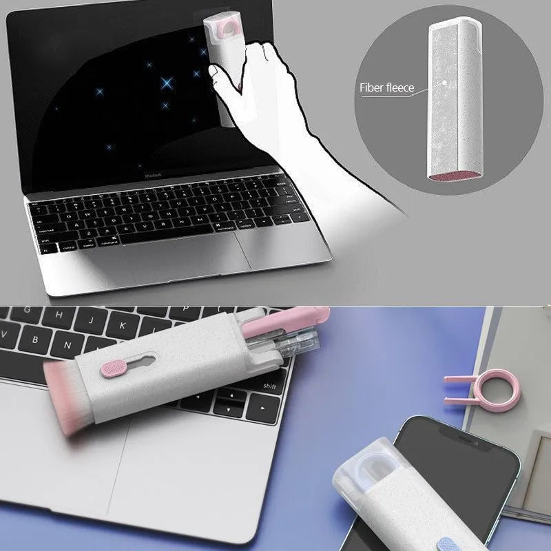 Multifunction electronics cleaning kit with foldable pen, spray bottle, brush, and keycap puller on a white background.