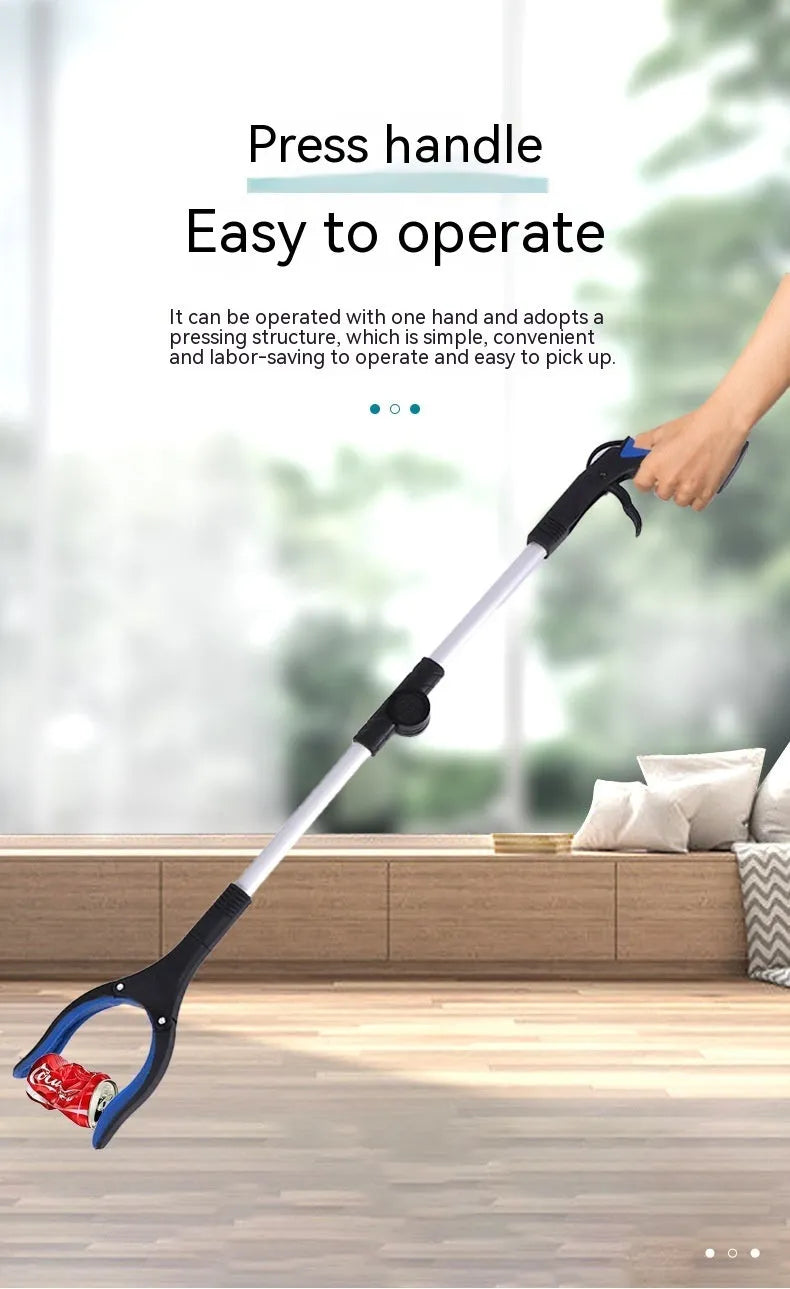 Foldable silver aluminium garbage clamp with blue handle, shown extended and with magnet sucker.