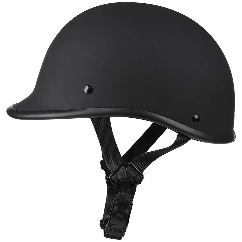 Retro style motorcycle helmet in matte black finish with an ABS shell on a plain background.