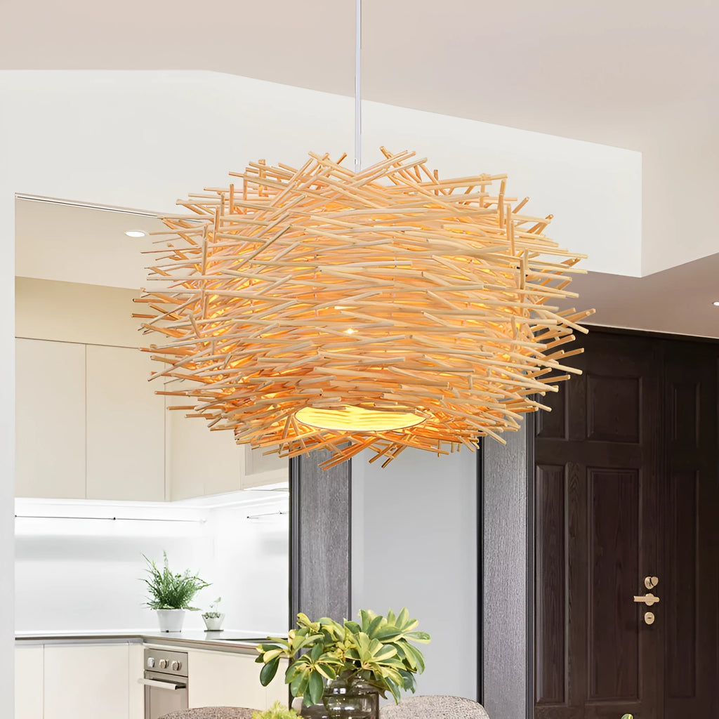 Bamboo woven bird cage chandelier, 30cm diameter, coffee colour, hanging from ceiling in a pastoral room