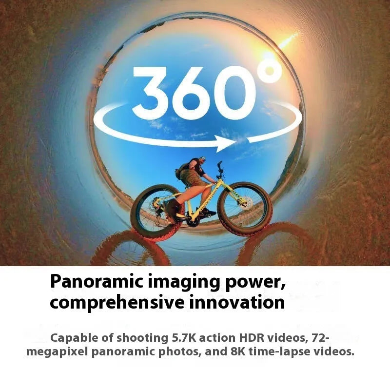 Panoramic motion camera with anti-shake function and included base in official standard colour