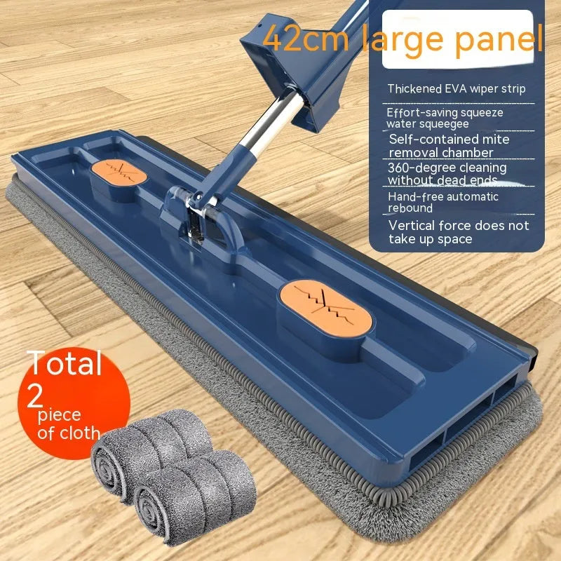 Large flat mop with stainless steel long handle and blue cloth showing 360-degree rotating head mechanism