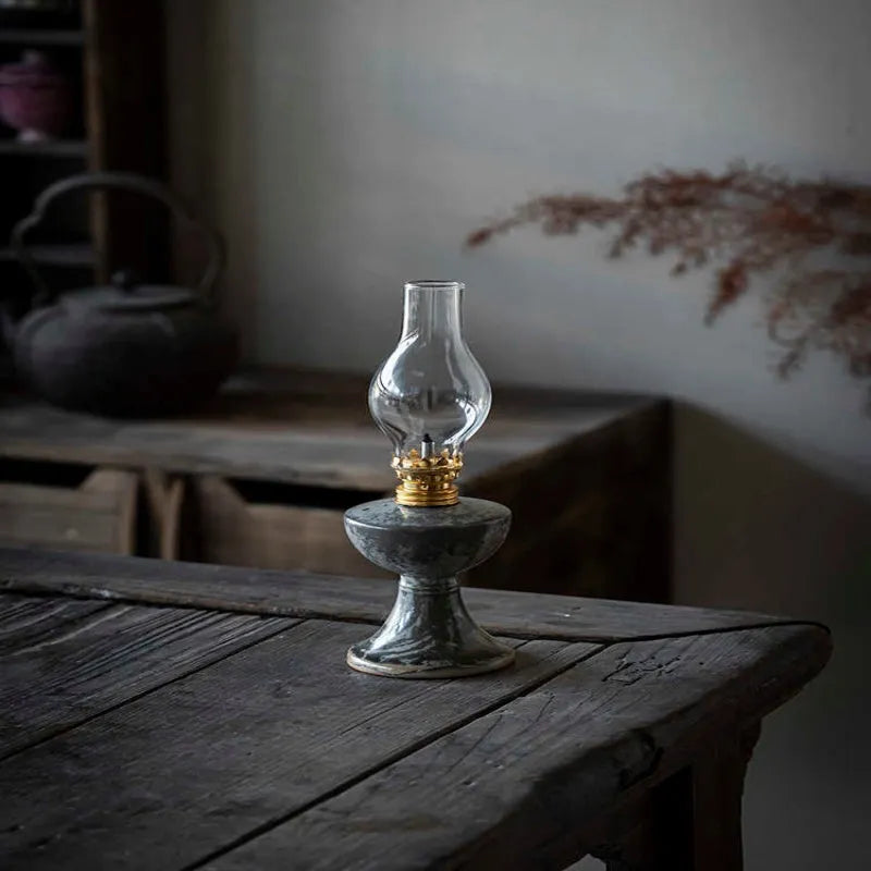Retro split design Black Shino Kerosene Lamp decorative night light, 7.8cm wide and 23.8cm high, handmade ornament.