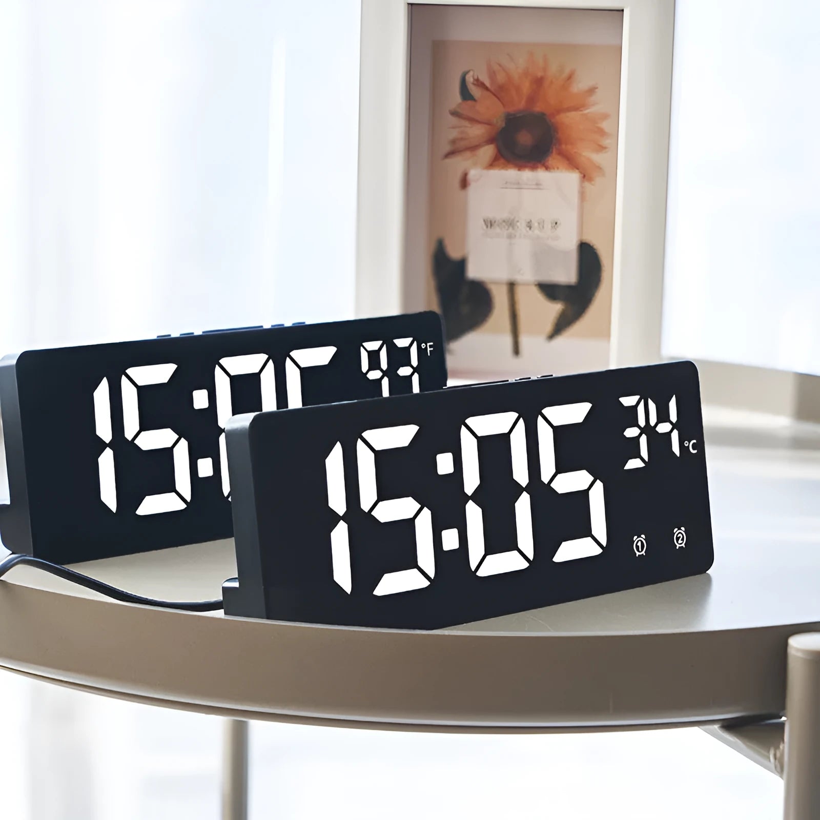 Large screen LED digital alarm clock showing time and temperature, with a thick ABS plastic case.