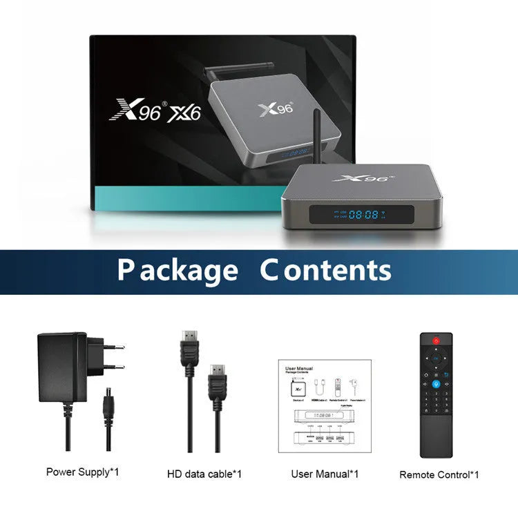 Android smart set-top box with remote control, HDMI cable, and power adapter on a table