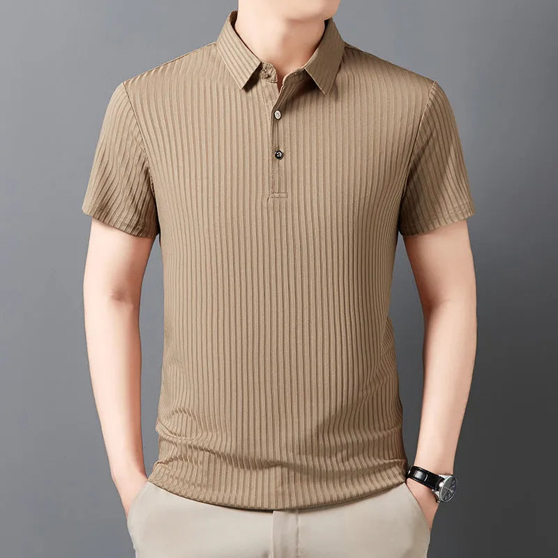 Men's ice silk polo shirt with striped pattern and asymmetric cut-out lapel in light green